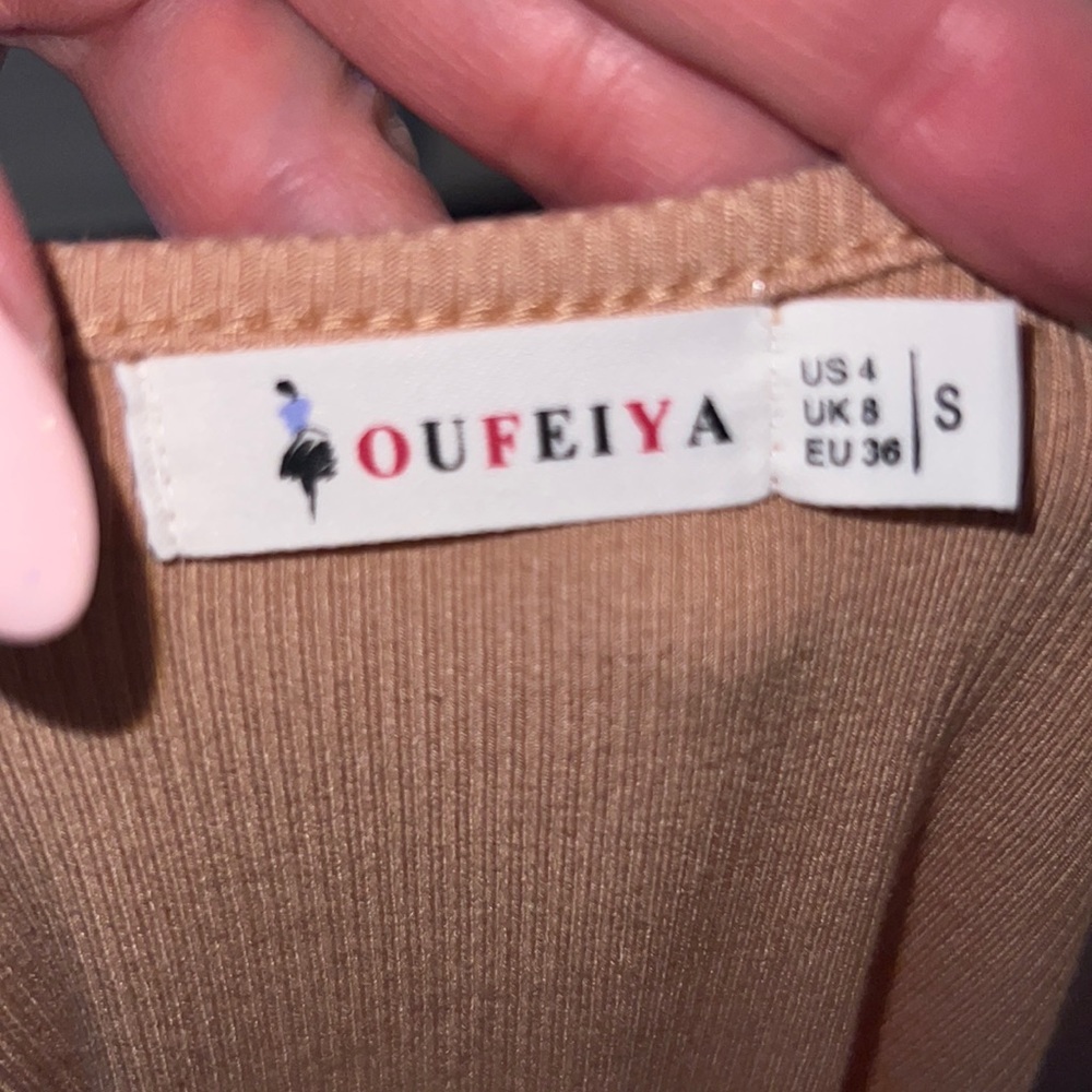 Oufeiya tan ribbed sleeveless tank top gold metal zipper pocket buttons Small​ - Picture 7 of 8